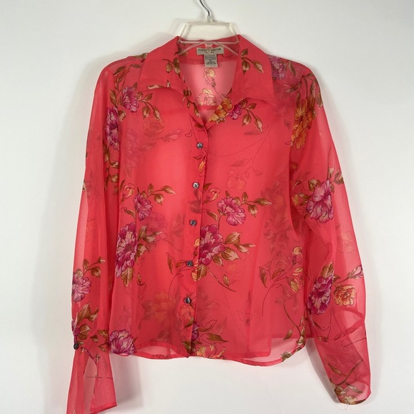 Notations Pink Floral Sheer Button Down stop PL - Picture 2 of 6